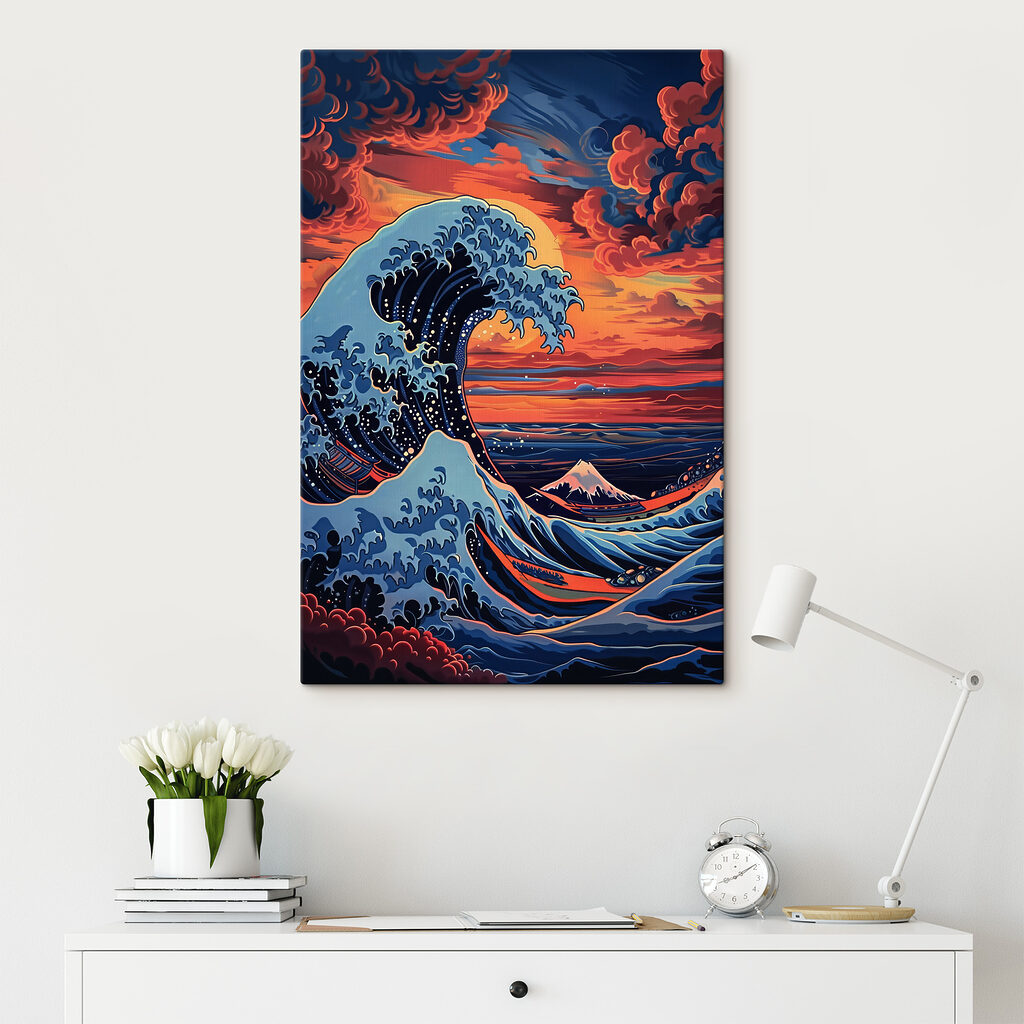 A large wave of water with mountains in the background