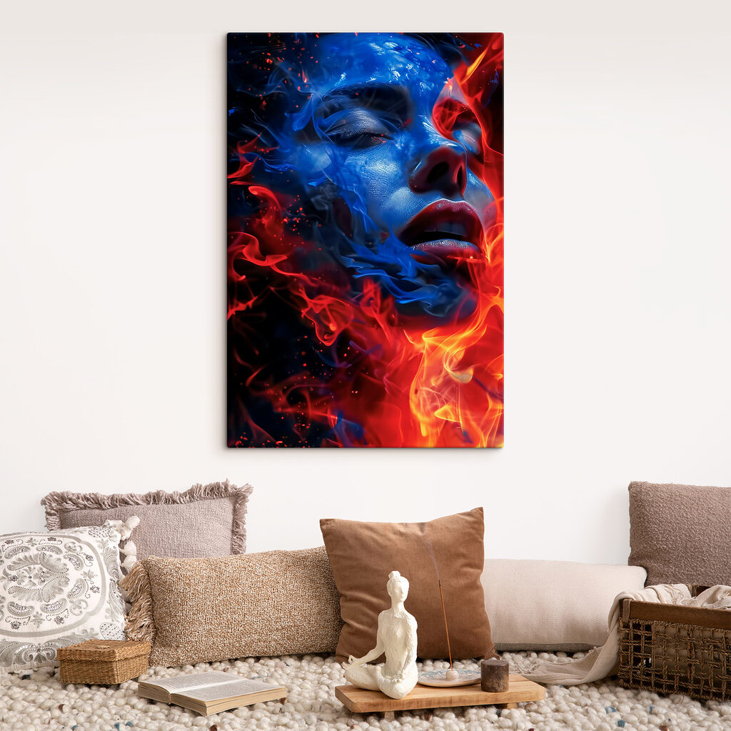 A woman's face with blue and red flames