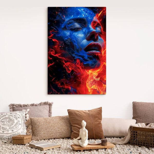 A woman's face with blue and red flames