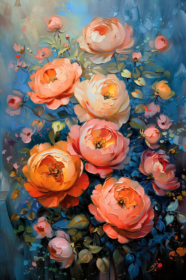 A painting of flowers on a blue background