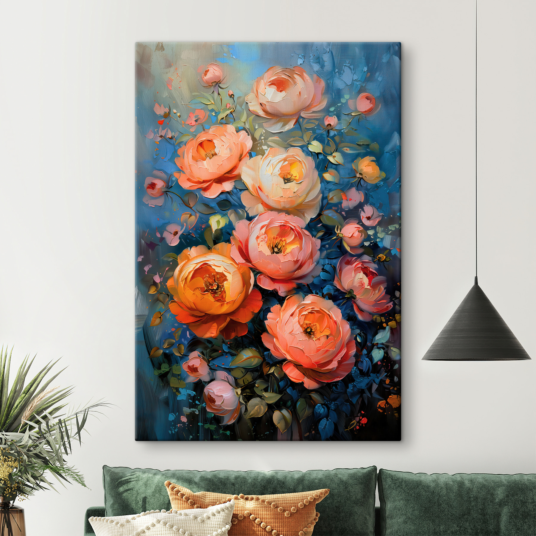 A painting of flowers on a blue background