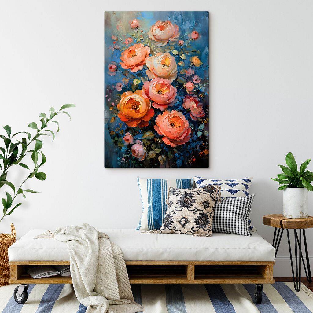 A painting of flowers on a blue background