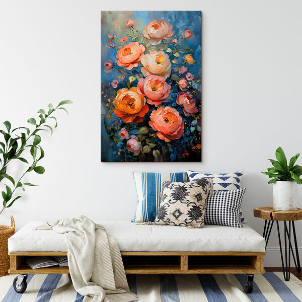 A painting of flowers on a blue background