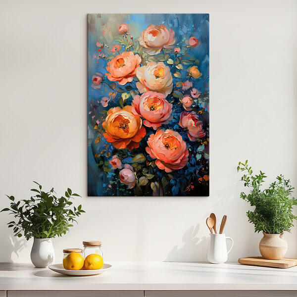 A painting of flowers on a blue background