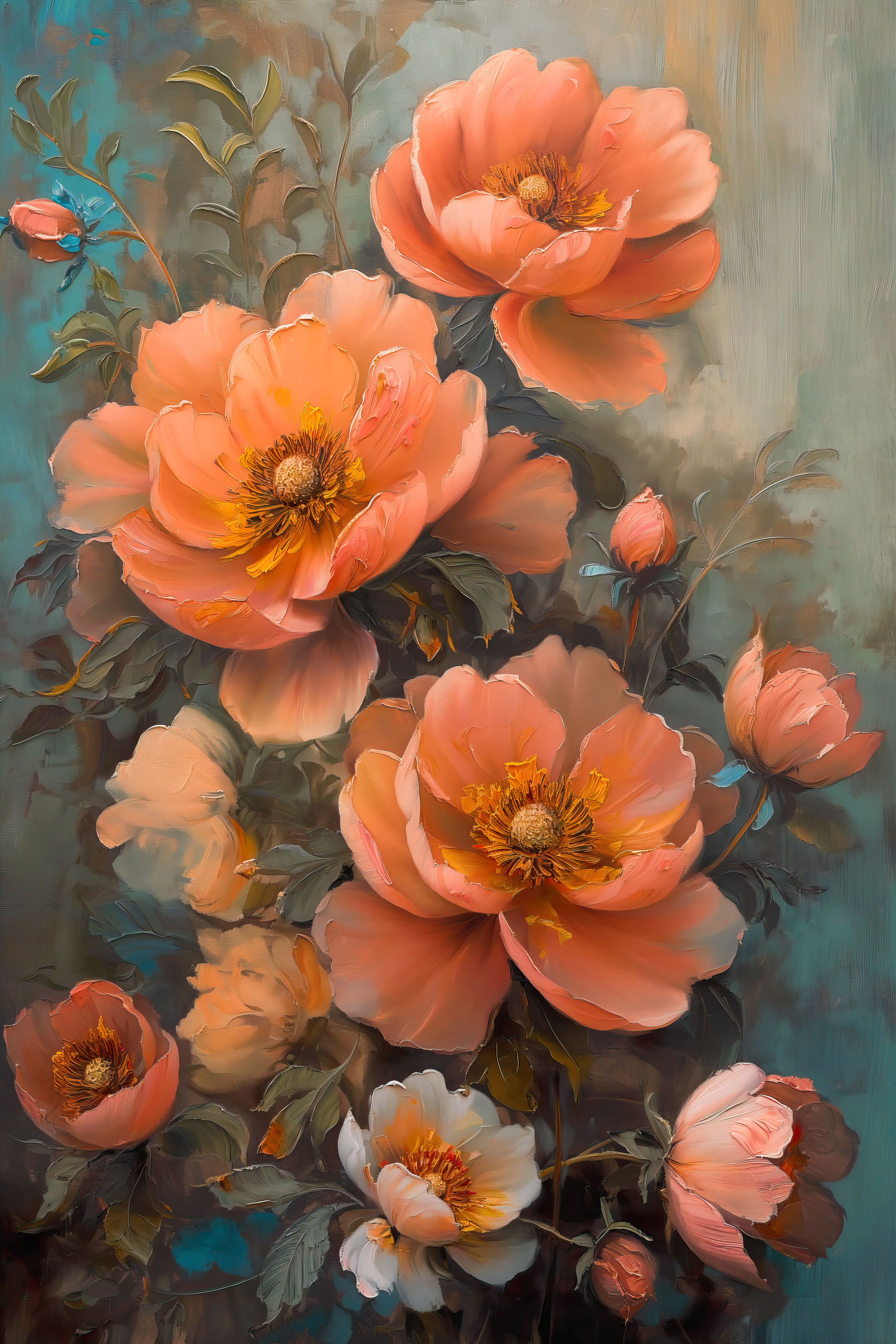 A painting of flowers on a blue background A painting of flowers on a blue background