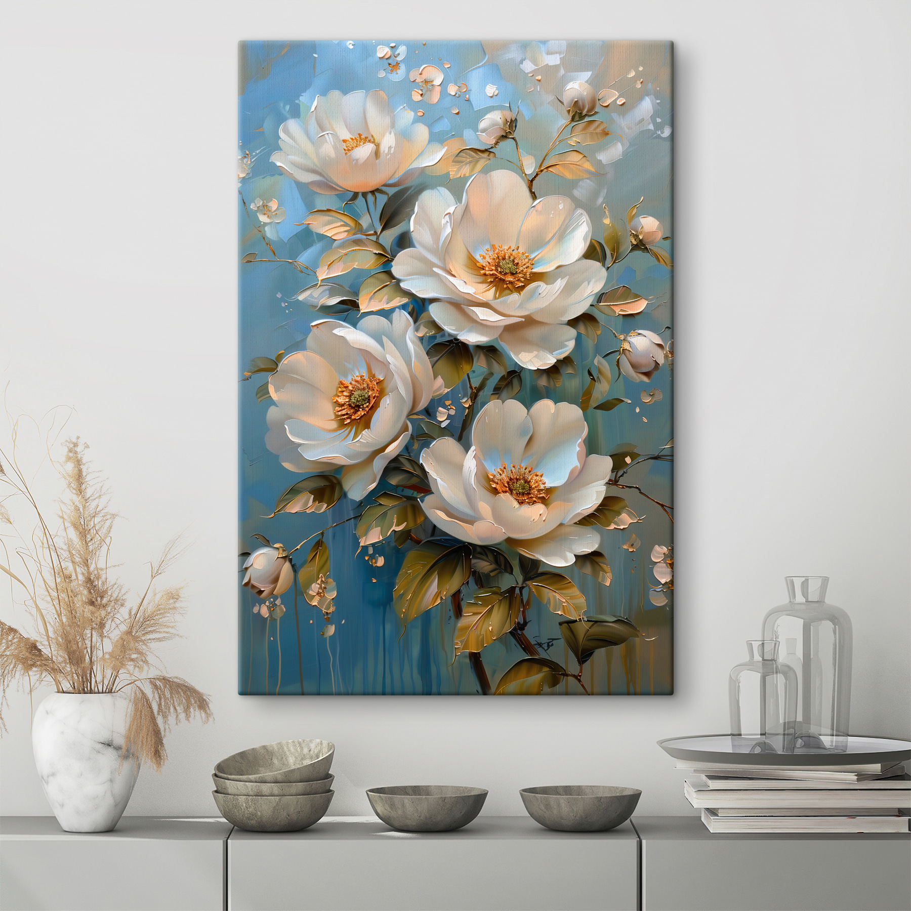 A painting of white flowers A painting of white flowers