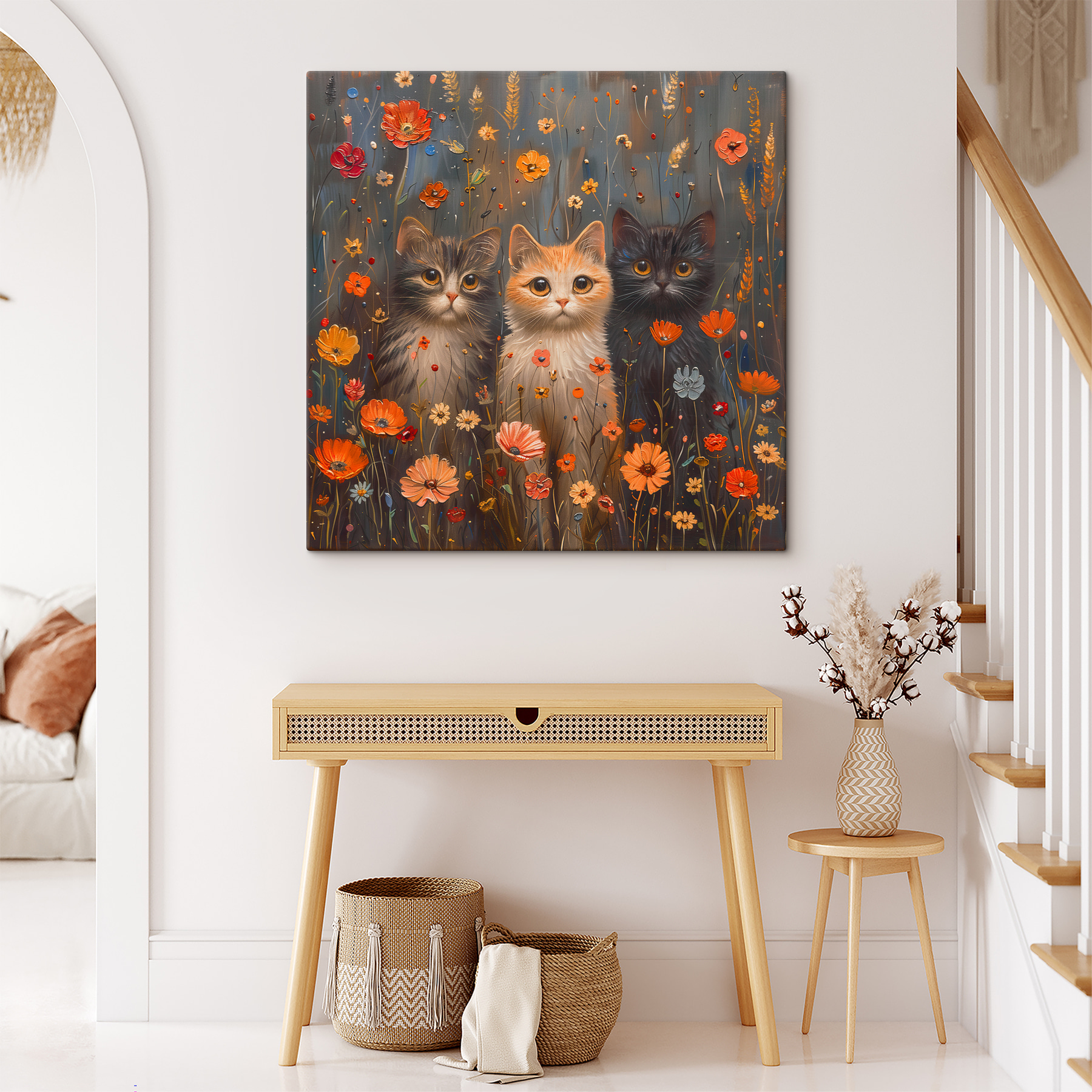 A painting of cats in a field of flowers