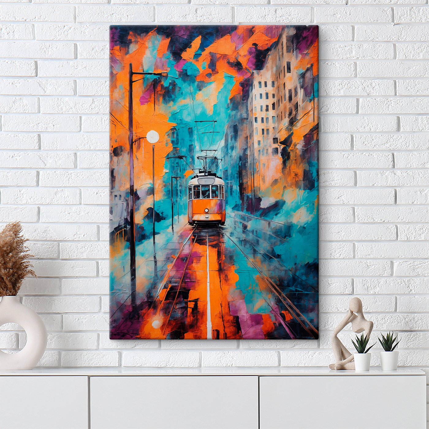 A painting of a trolley on a street