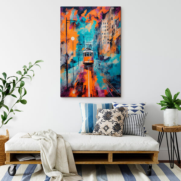 A painting of a trolley on a street