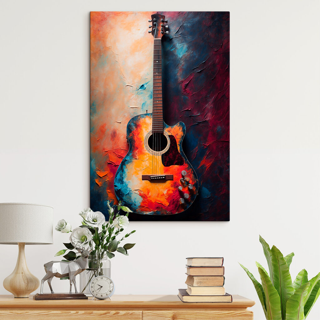 A guitar leaning against a wall
