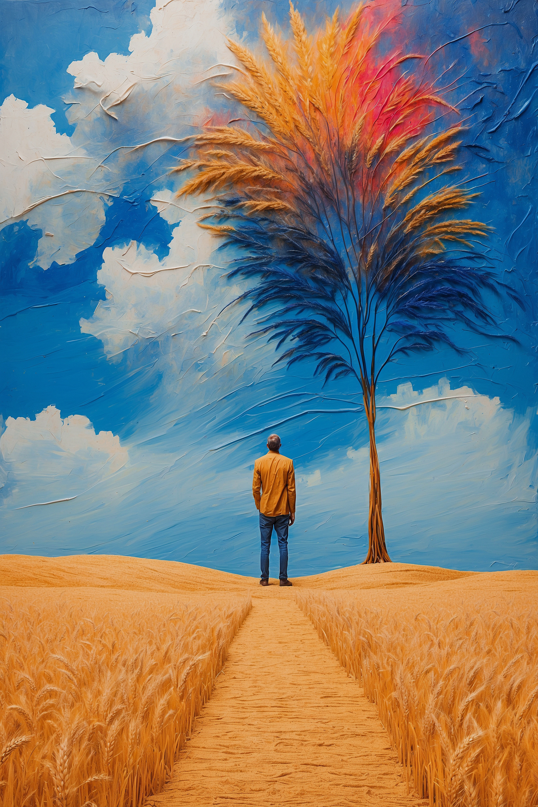 A man standing in a field with a tree and blue sky