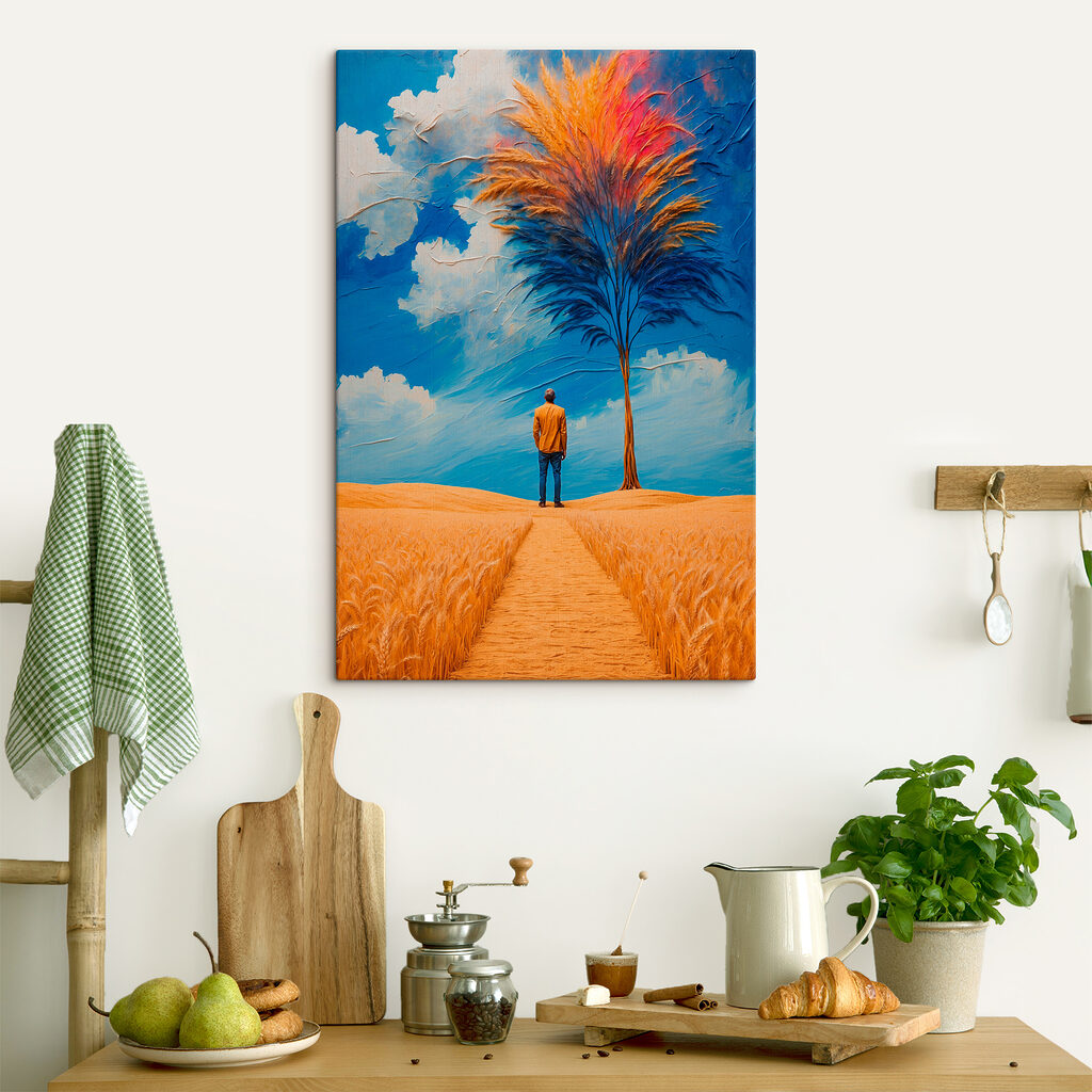 A man standing in a field with a tree and blue sky