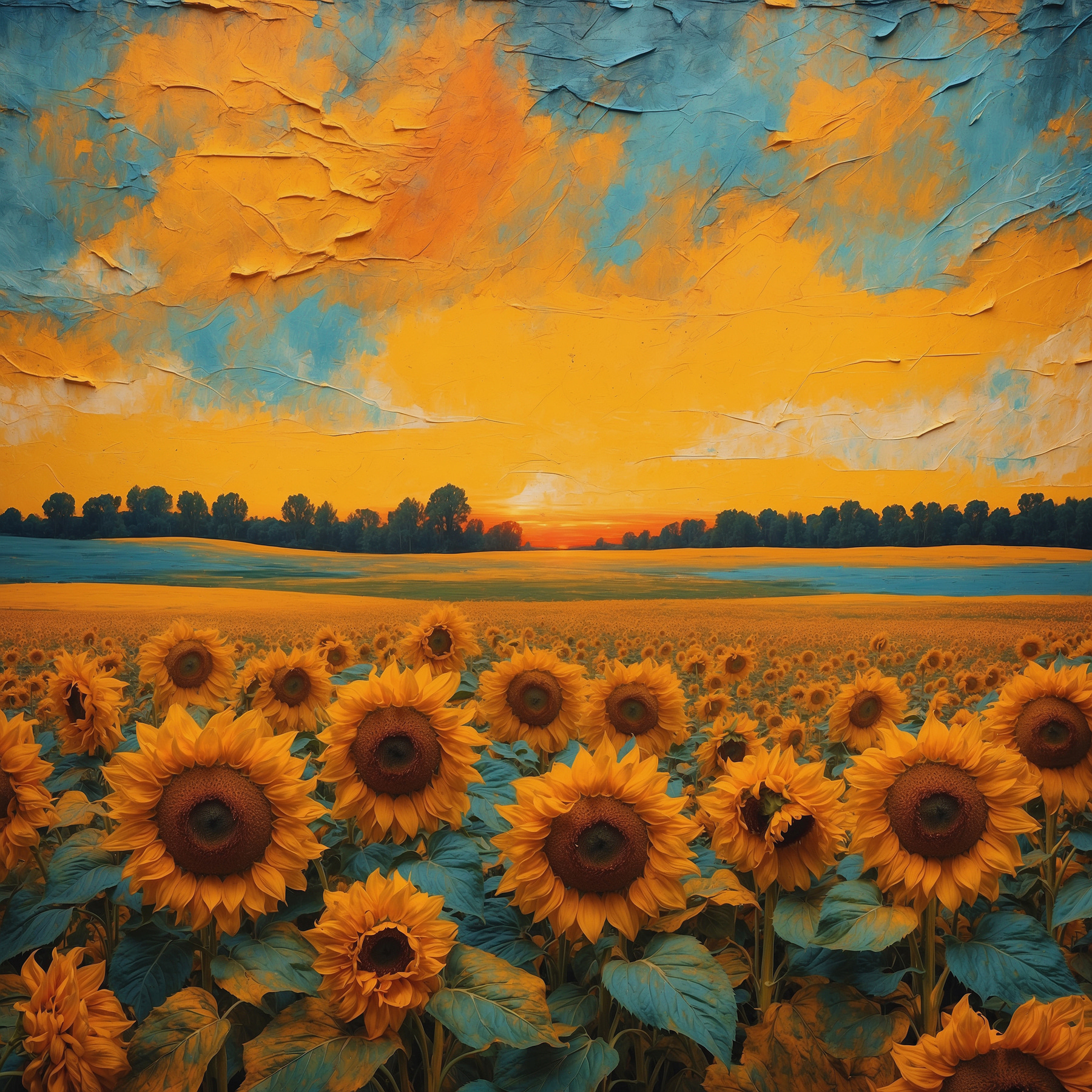 A field of sunflowers with a sunset