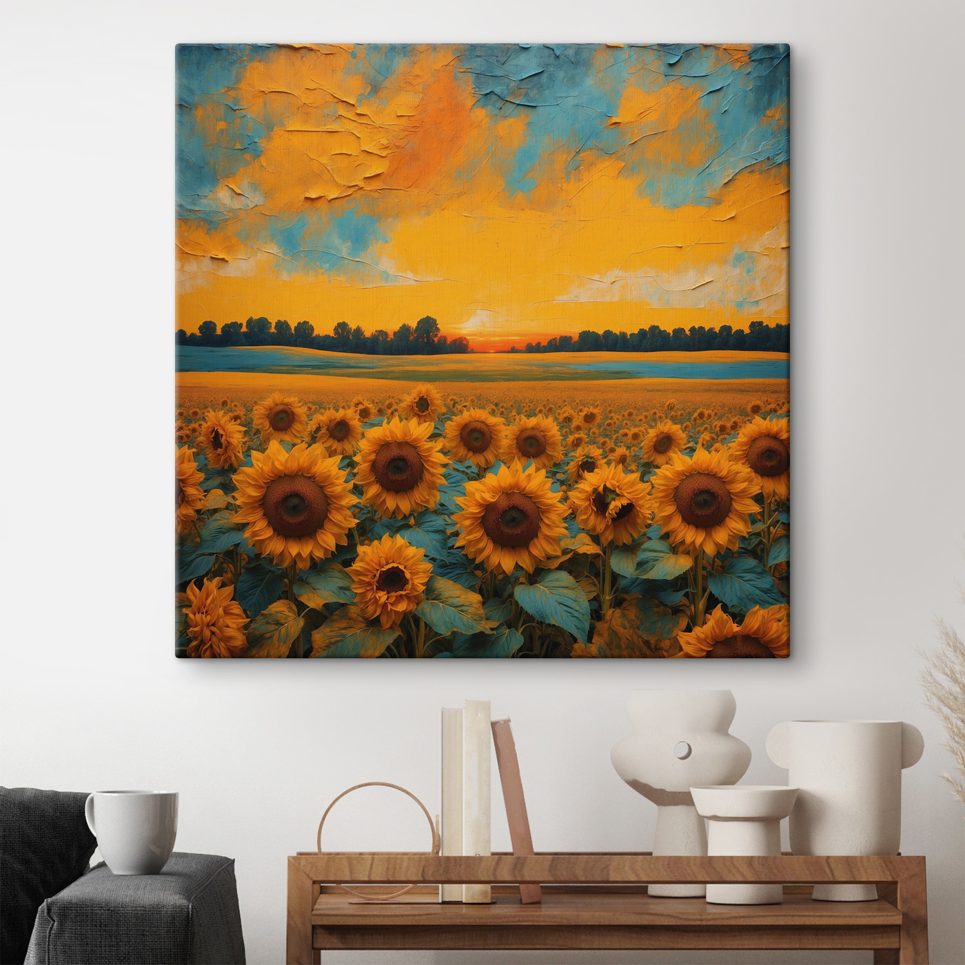 A field of sunflowers with a sunset