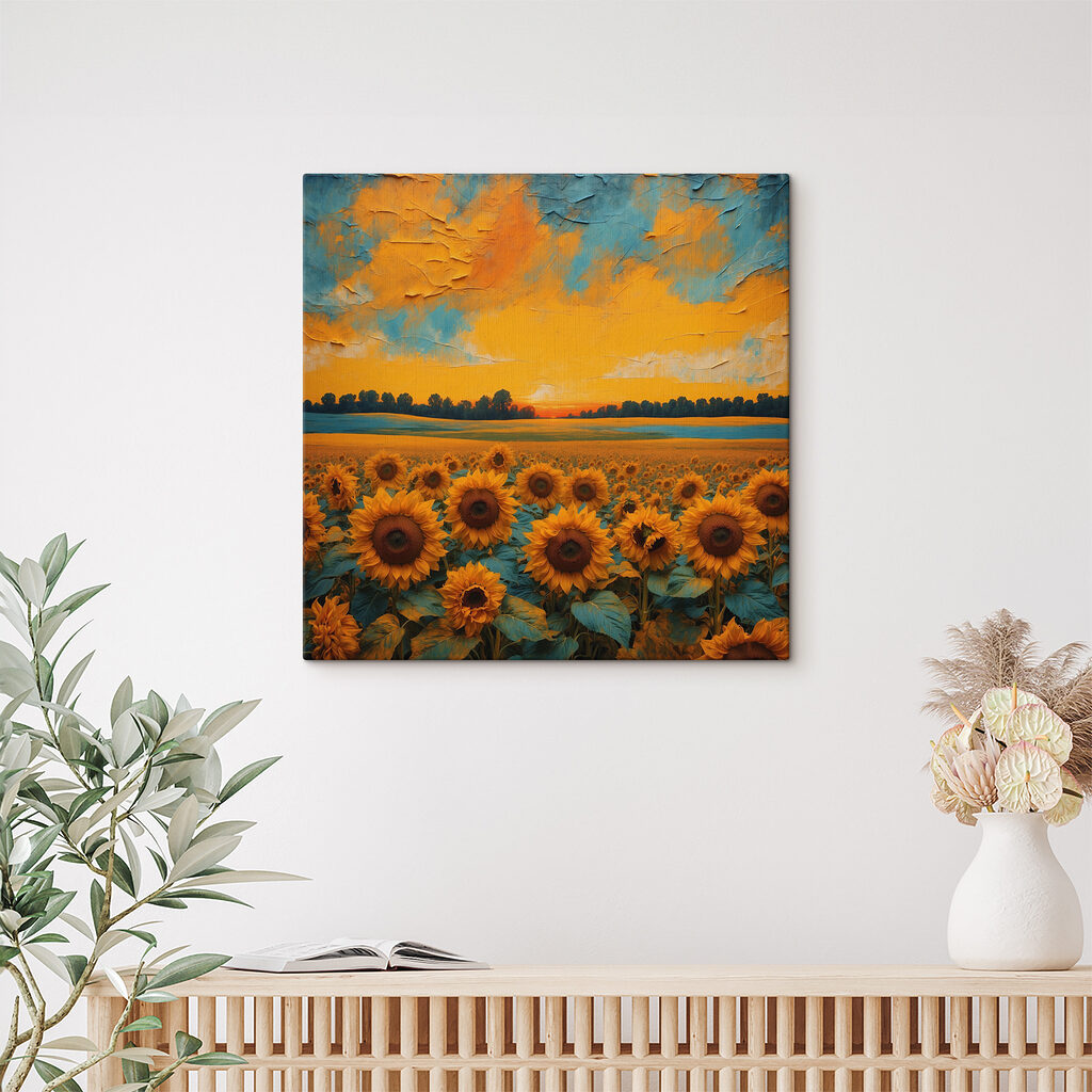 A field of sunflowers with a sunset