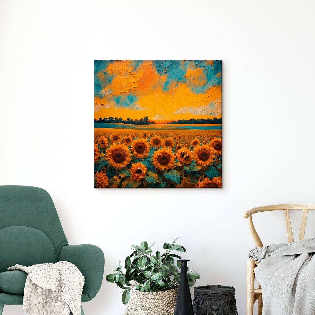A field of sunflowers with a sunset