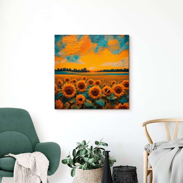 A field of sunflowers with a sunset