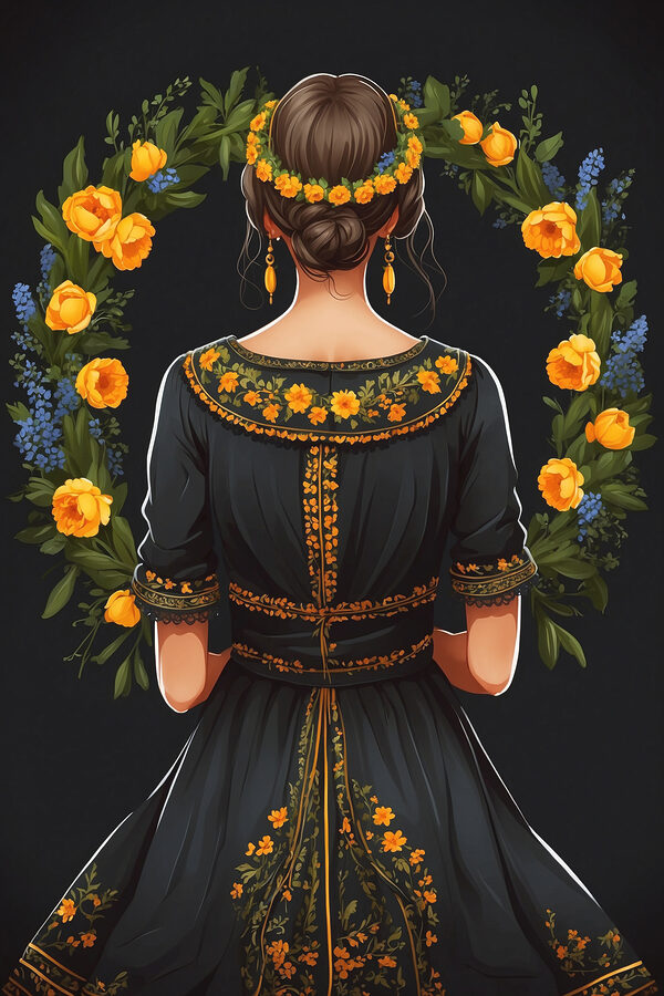 A woman in a black dress with yellow flowers around her neck A woman in a black dress with yellow flowers around her neck