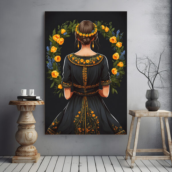 Cuadros Una mujer con un vestido negro y una guirnalda de flores amarillas alrededor del cuello