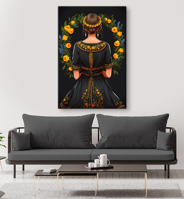 A woman in a black dress with yellow flowers around her neck A woman in a black dress with yellow flowers around her neck