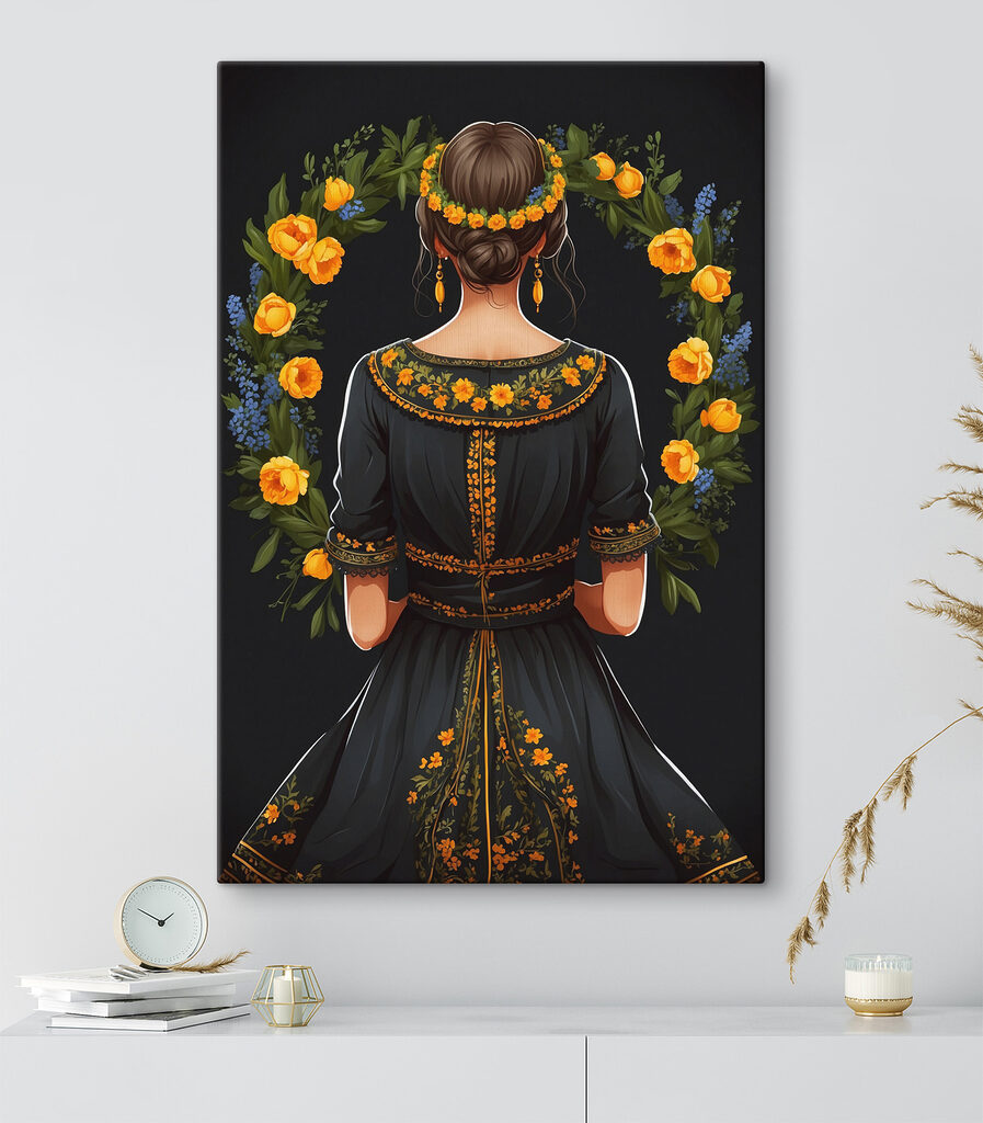 A woman in a black dress with yellow flowers around her neck A woman in a black dress with yellow flowers around her neck