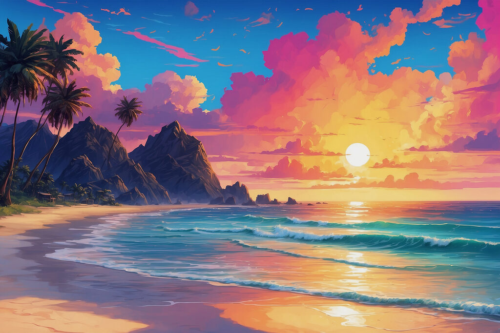 A beach with waves and palm trees