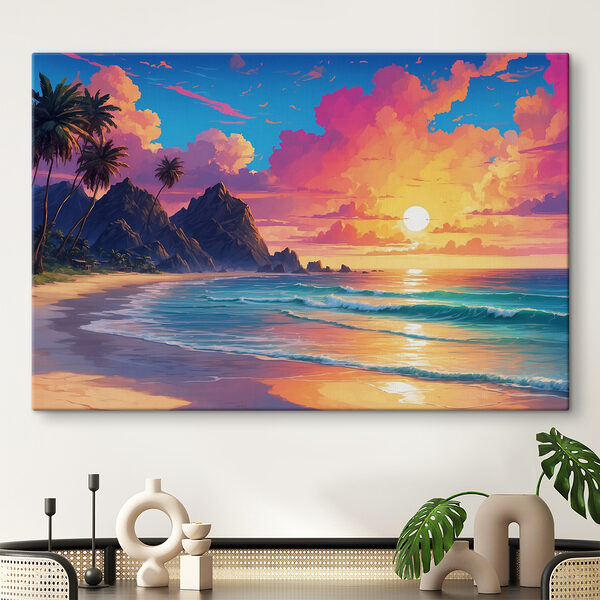 Cuadros Una playa con olas y palmeras