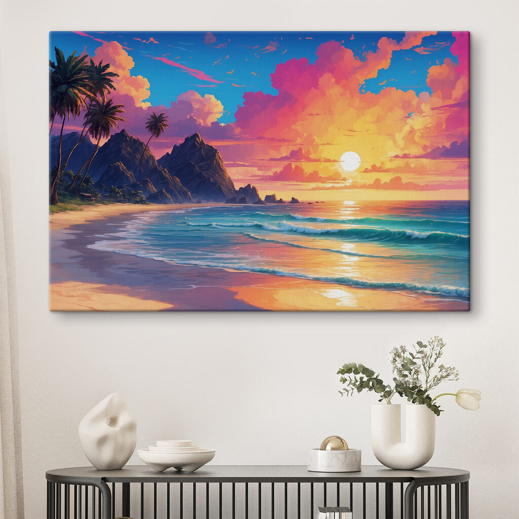 A beach with waves and palm trees