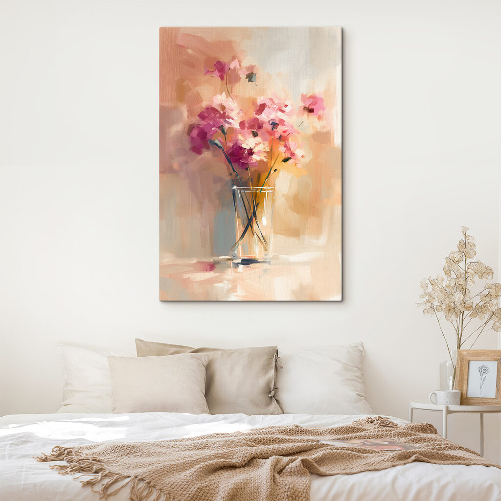 A painting of flowers in a glass vase