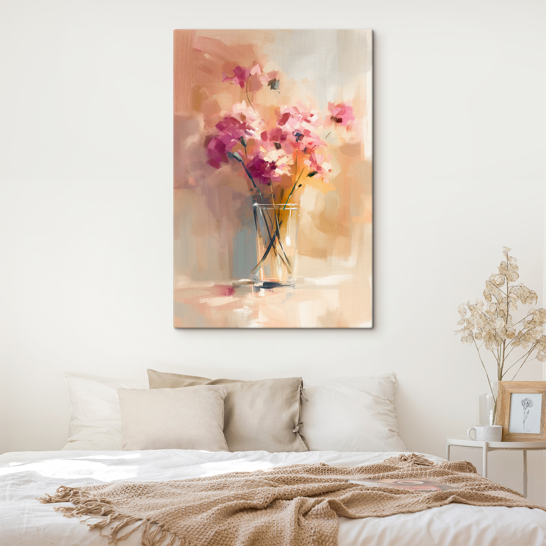 A painting of flowers in a glass vase