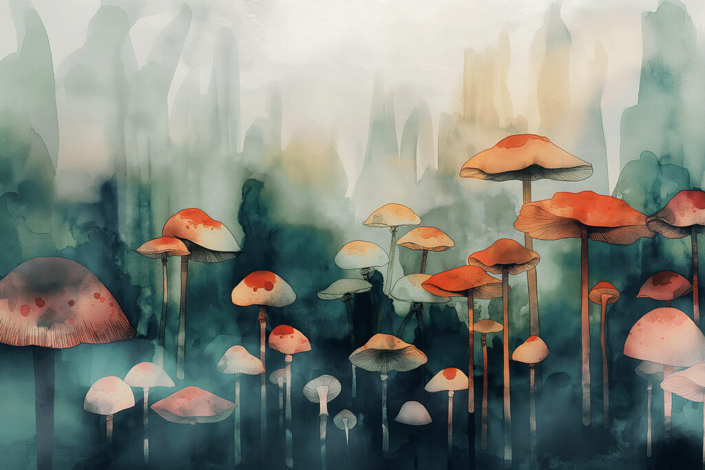 A group of mushrooms in a foggy forest A group of mushrooms in a foggy forest