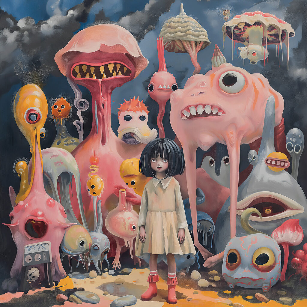 A girl standing in front of many colorful monsters