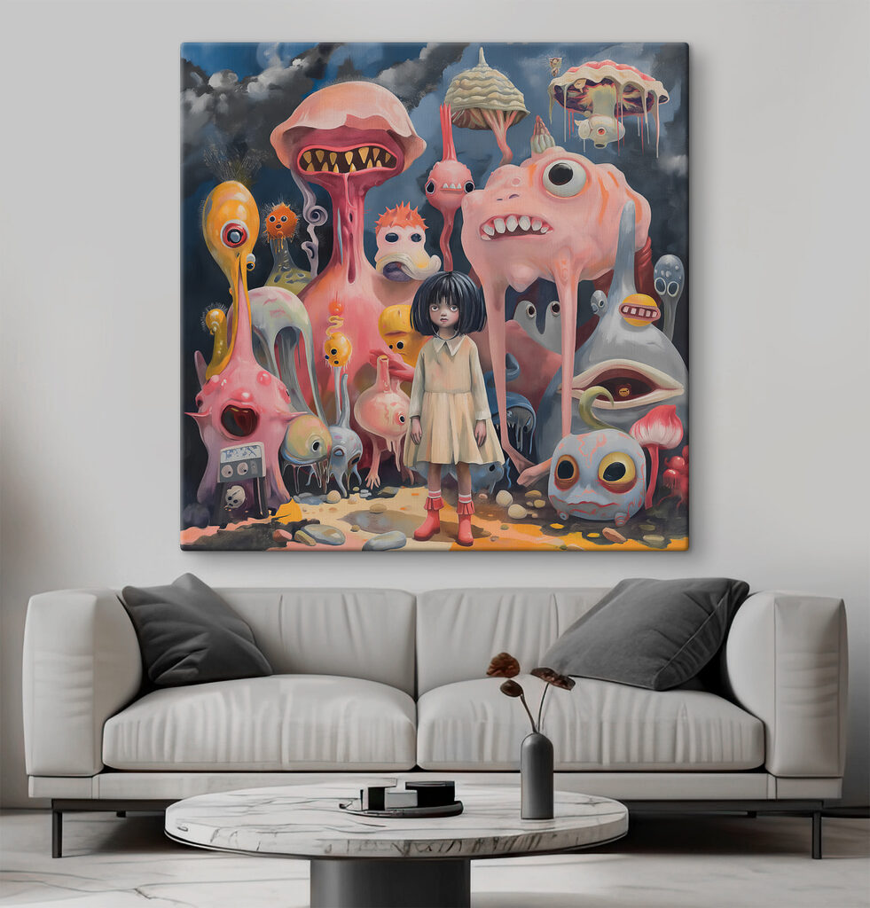 A girl standing in front of many colorful monsters