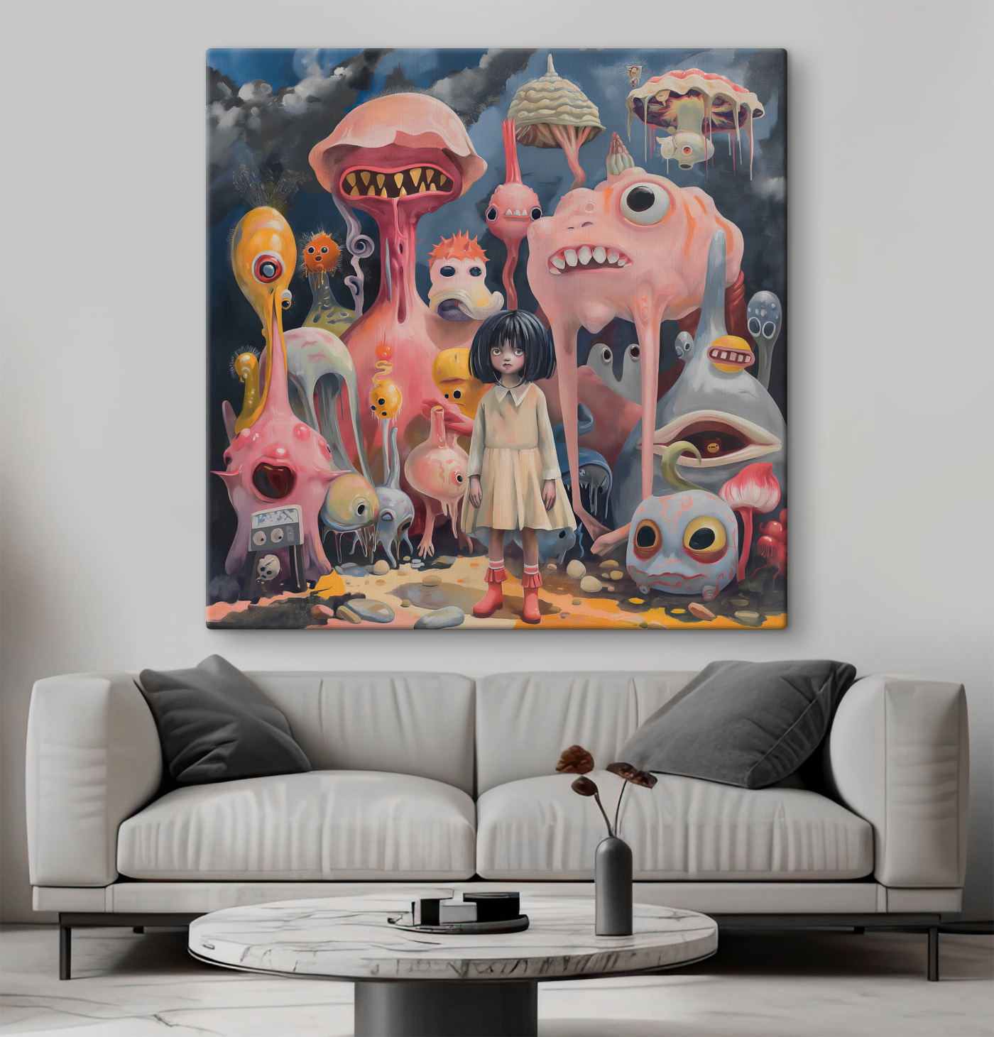 A girl standing in front of many colorful monsters