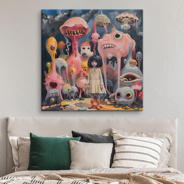 A girl standing in front of many colorful monsters