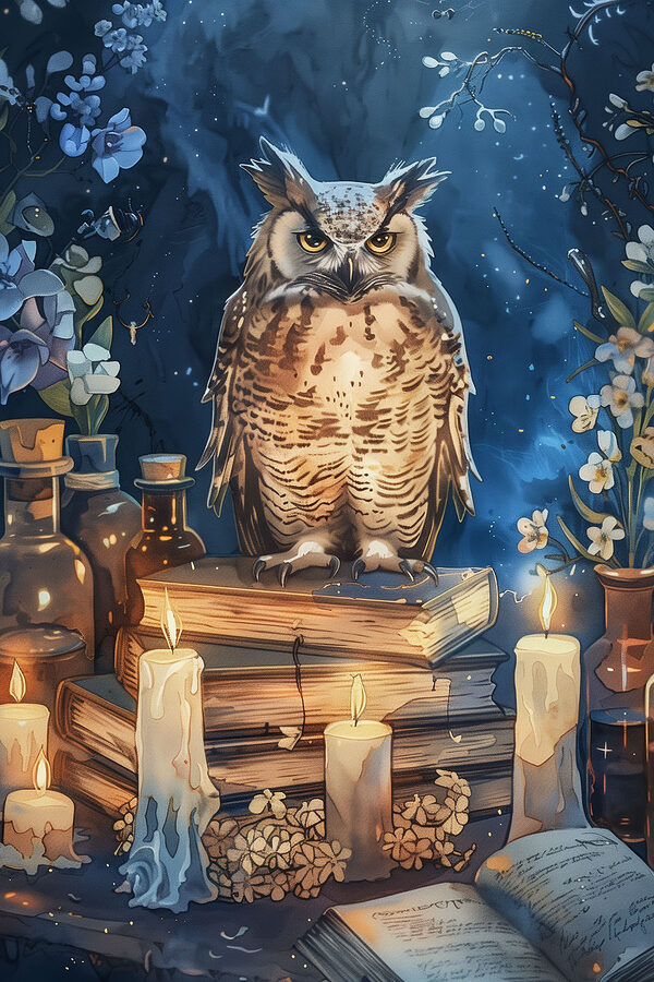 An owl sitting on books and candles An owl sitting on books and candles