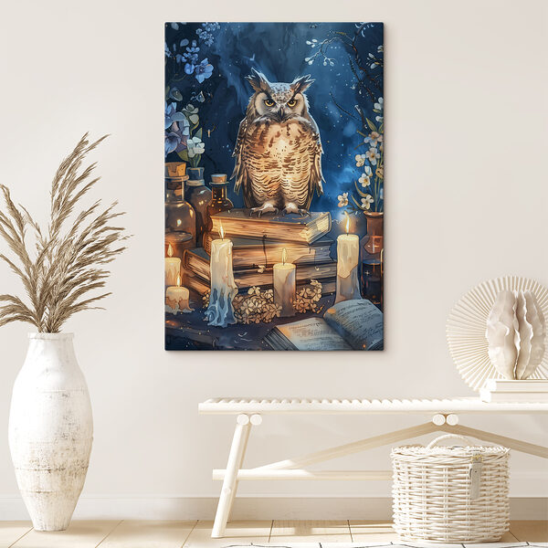 An owl sitting on books and candles An owl sitting on books and candles