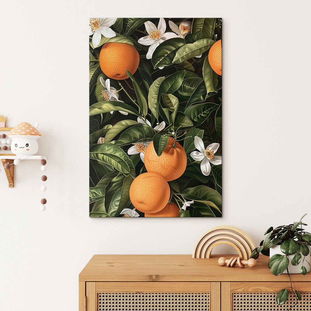 A painting of oranges and leaves