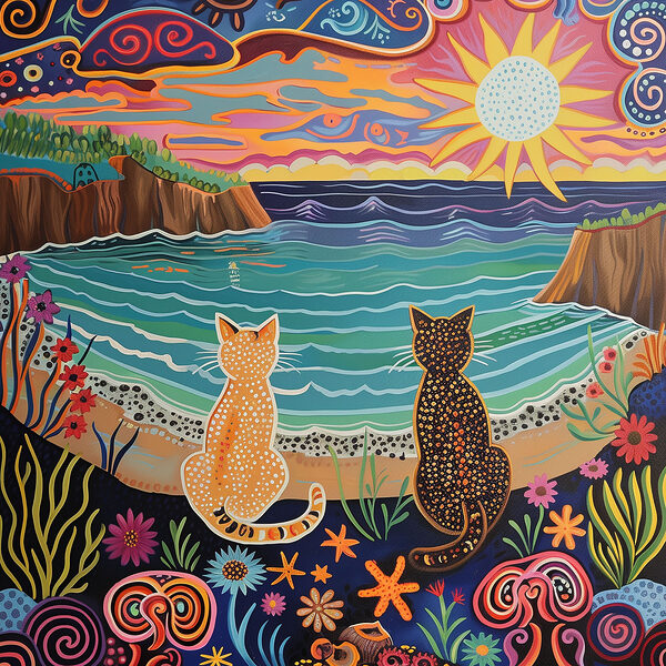 A painting of two cats sitting on a beach