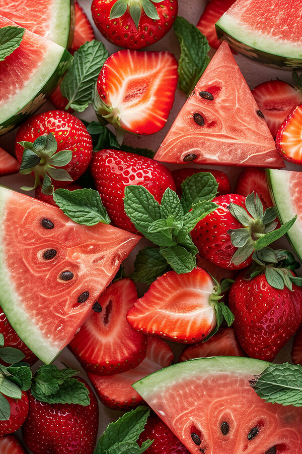 A group of sliced strawberries and watermelon A group of sliced strawberries and watermelon