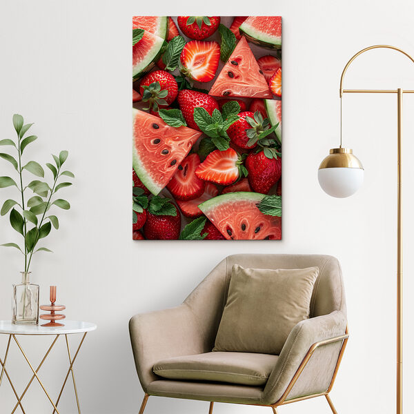 Cuadros Un plato con fresas y sandía cortadas