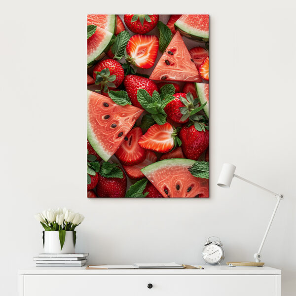 A group of sliced strawberries and watermelon A group of sliced strawberries and watermelon