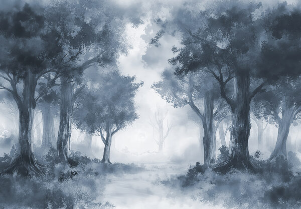 Un bosque brumoso con árboles y arbustos Un bosque brumoso con árboles y arbustos