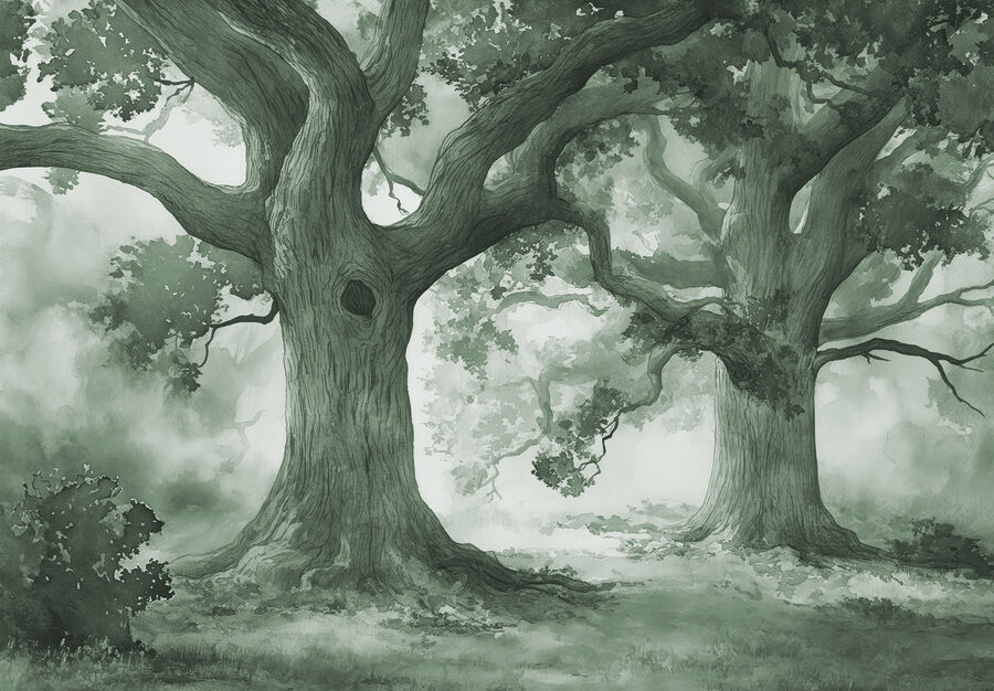 Fotomurales Un grupo de árboles en un bosque con niebla - Imagen 3