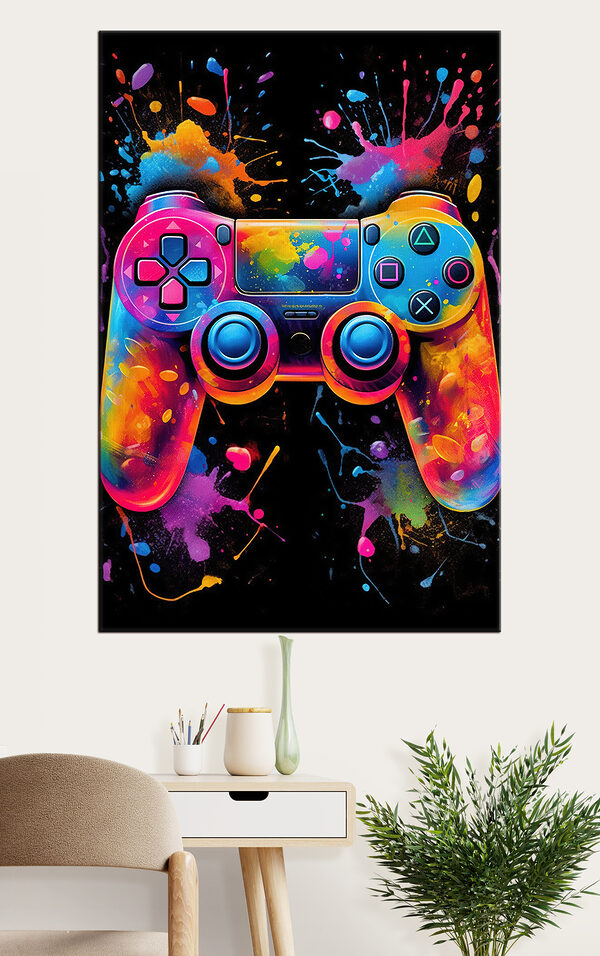 Cuadros Un mando de videojuegos con salpicaduras de pintura de colores (SKU: s34260) Cuadros Cuadros Un mando de videojuegos con salpicaduras de pintura de colores (SKU: s34260)