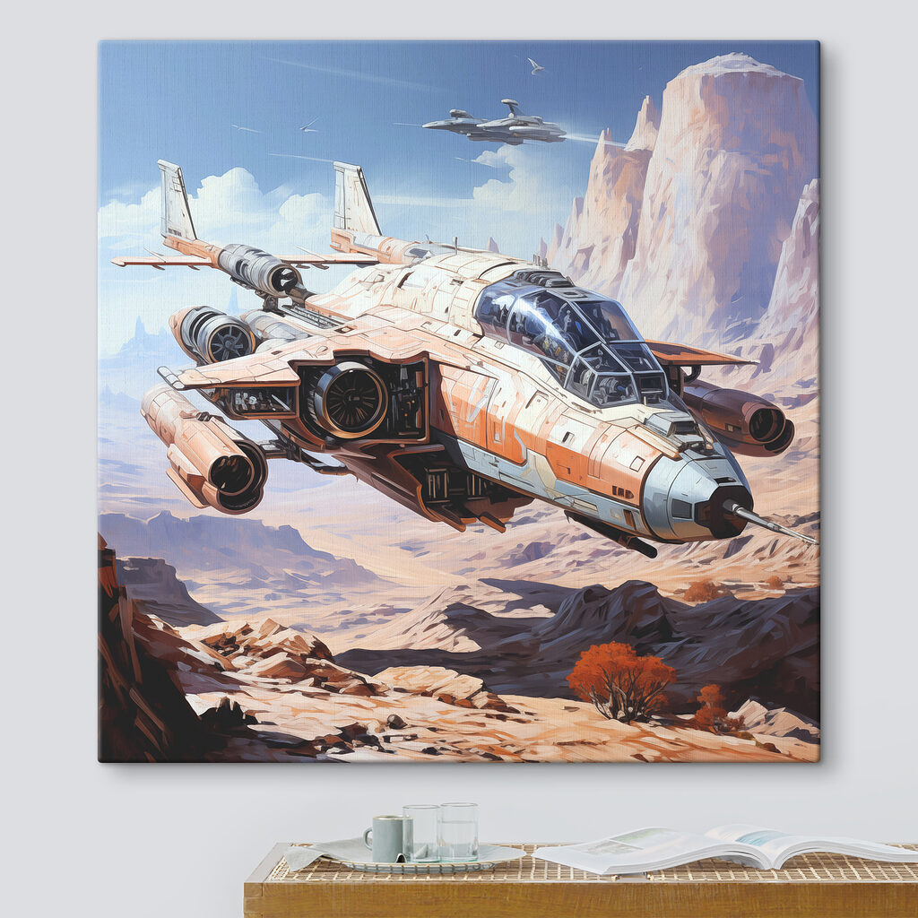 A video game art of a spaceship flying over a desert landscape A video game art of a spaceship flying over a desert landscape