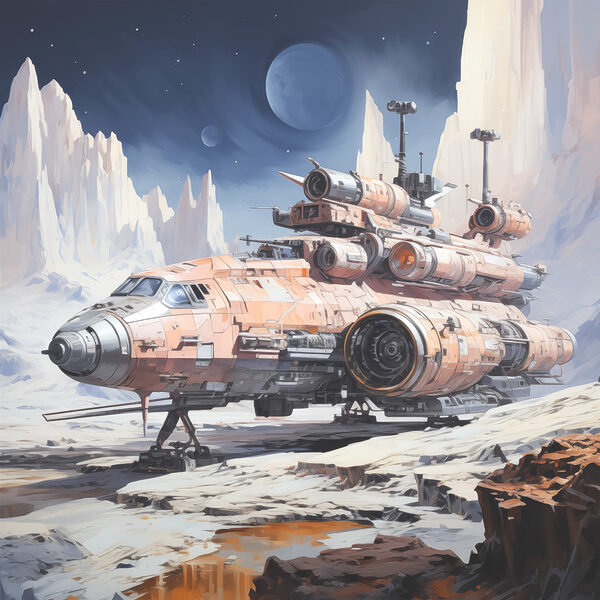 A space ship on a rocky surface