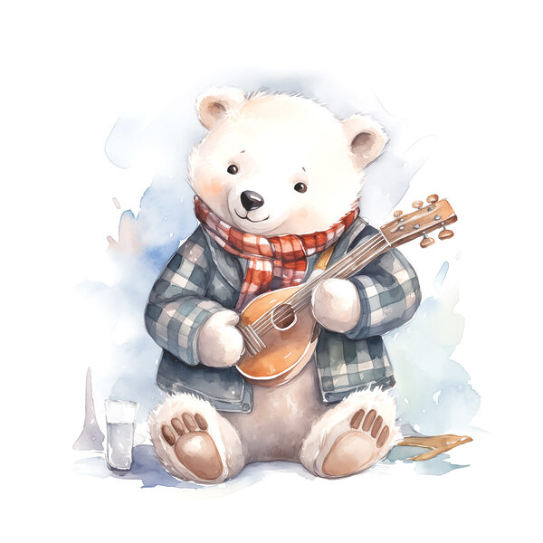 A watercolor of a teddy bear playing a guitar A watercolor of a teddy bear playing a guitar