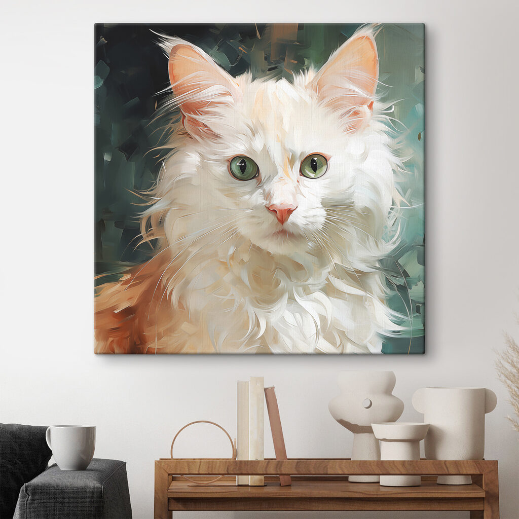 A white cat with green eyes
