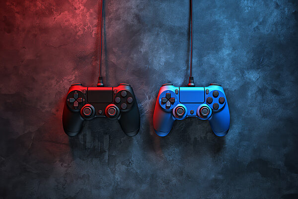 Un mando de videojuegos azul y rojo Un mando de videojuegos azul y rojo
